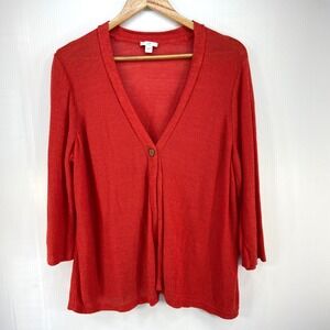 J Jill Orange Linen Blend Long Sleeve V Neck Cardigan Sweater Womens Large